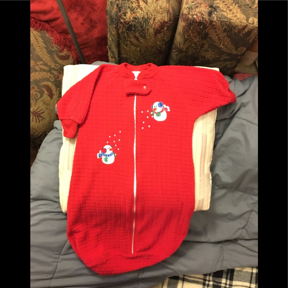 Red Snowman Blanket sleeper. One size. Keep baby safe and snug for sleep.
